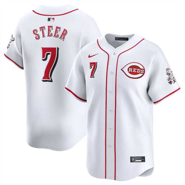 Men%27s Cincinnati Reds #7 Spencer Steer White Home Limited Stitched Baseball Jersey Dzhi